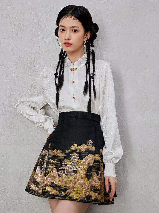 Mountains, Waters, and Pavilions – Woven Gold Short Mamianqun Skirt Neo-Hanfu Mini Skirt-02
