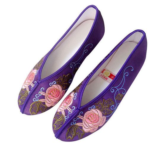 Vintage Satin Rose Embroidered Round-Toe Slip-On Flats (Multi-Color)-02