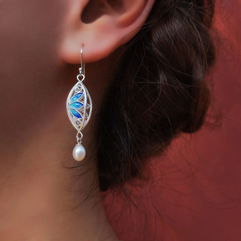 Vintage Cloisonné Silver Filigree Lotus Drop Earrings with Pearl-01