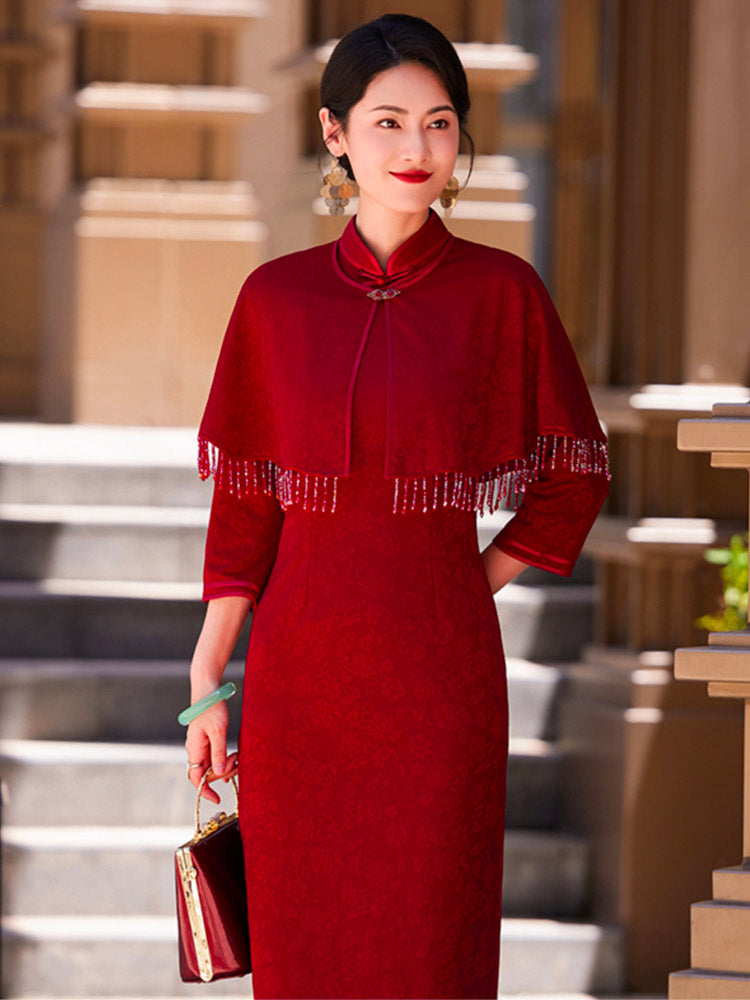 Burgundy Dark Pattern Embroidery Jacquard Cheongsam Dress with Tassel Shawl Two-Piece Set Wedding Celebration Attire for Women-03