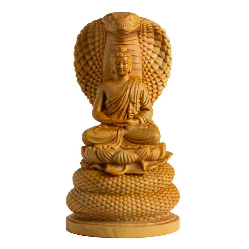 Boxwood Carving: The Serpent King Mucalinda Sheltering the Meditating Buddha During His Enlightenment-01