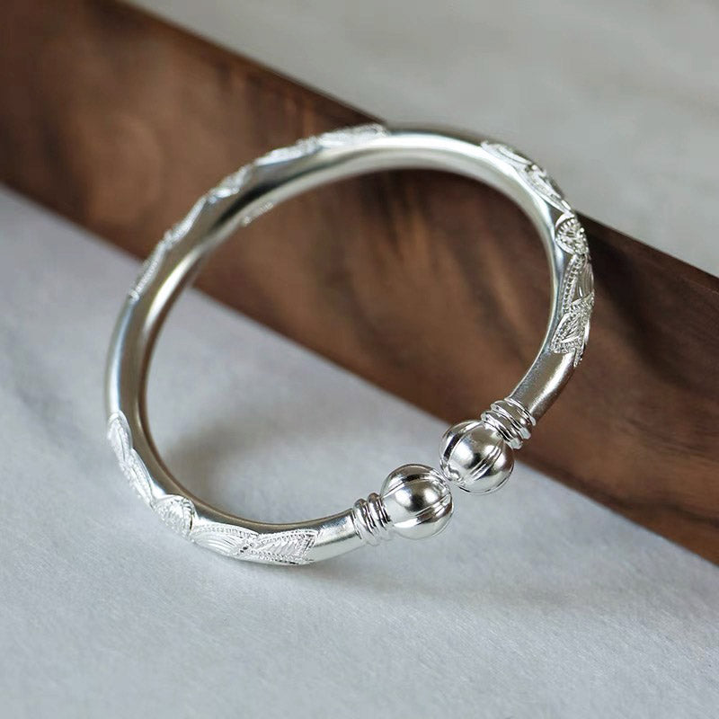 Hand Carved Retro Chinese Lotus Pattern Pure Solid Silver Bangle Bracelet with Pumpkin Shaped Opening-01
