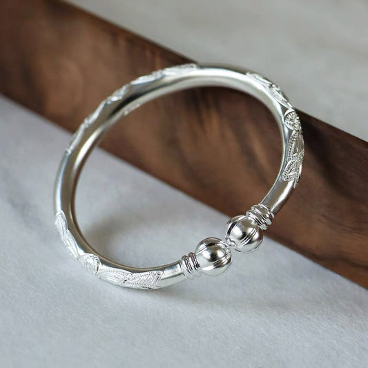 Hand Carved Retro Chinese Lotus Pattern Pure Solid Silver Bangle Bracelet with Pumpkin Shaped Opening-01