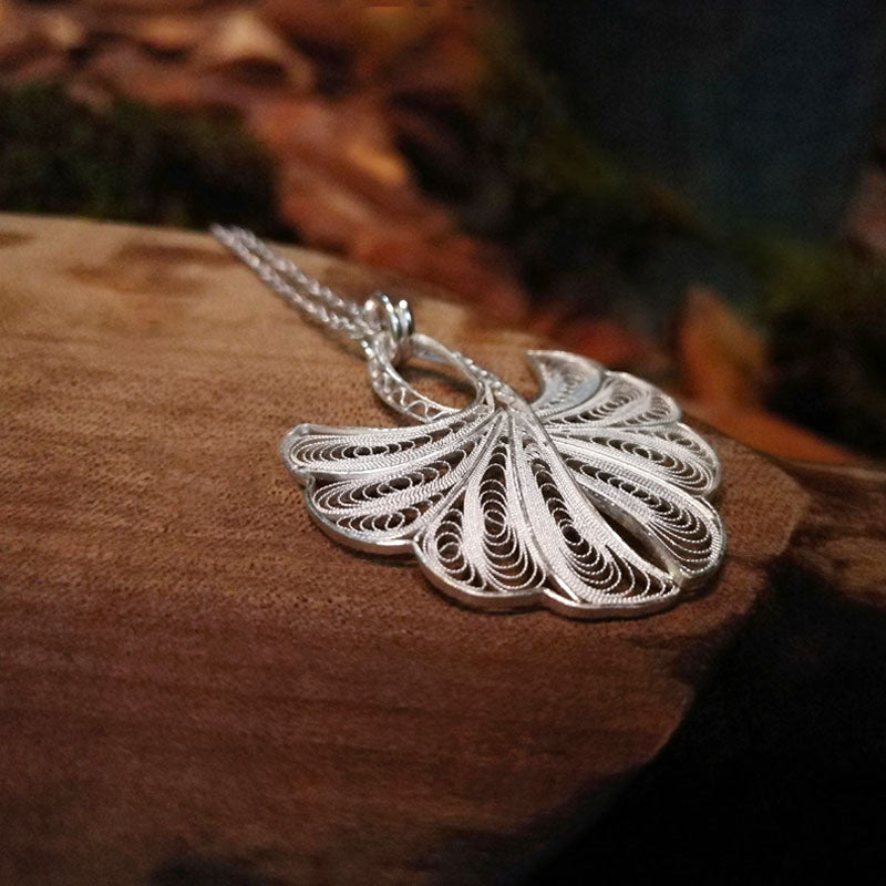Handmade Vintage Plain Silver Filigree Ginkgo Leaf Necklace and Earrings
-01
