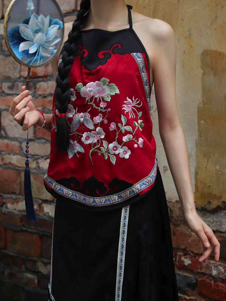 Vintage Chinese Silk Camisole with Floral and Butterfly Embroidery Hanfu Undershirt-04