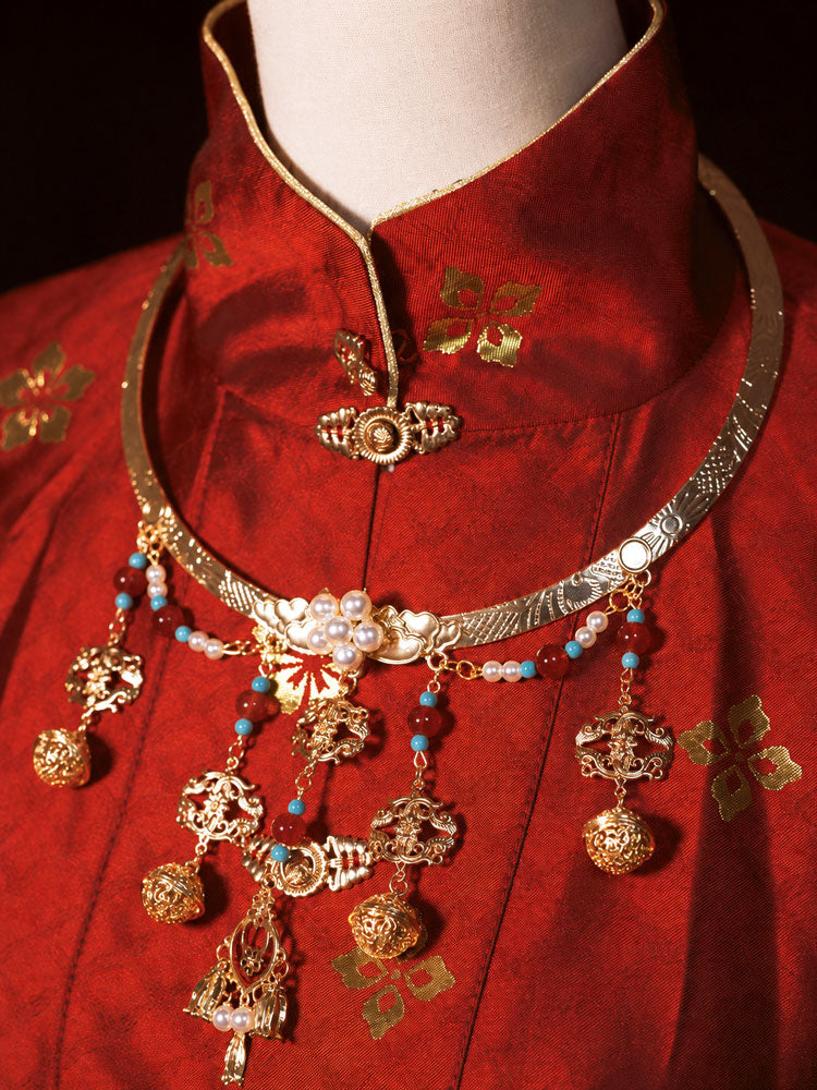 Ming-Style Yingluo Collar Necklace with Liuli Glass and Imitation Pearls-04