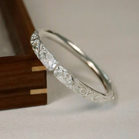 Hand Carved Chinese Style Vintage Vine Pattern Pure Solid Silver Bangle Bracelet-02