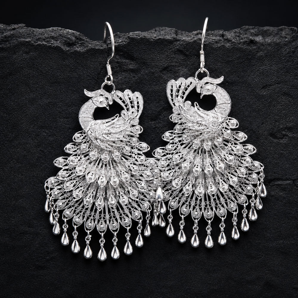 Classic Chinese Phoenix Filigree Statement Earrings in 999 Fine Silver