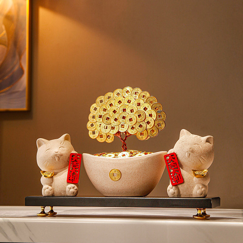 Wealth-Attracting Cat & Prosperity Tree Ornament Creative Chinese Living Room Decor
