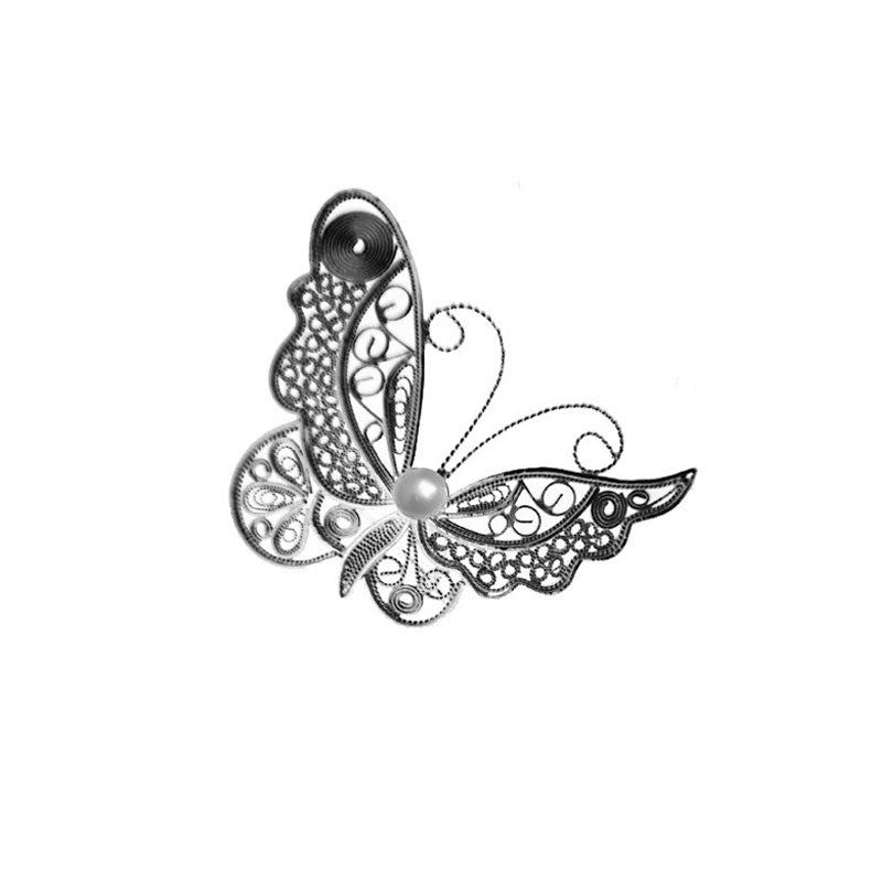 Vintage Plain Silver Filigree Butterfly Brooch Inlaid with Natural Freshwater Pearl-04