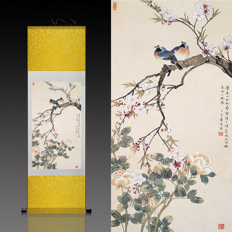 Traditional Chinese Paiting Reproduction Flower and Bird「Peace and Prosperity」Silk Scroll Hanging Painting Wall Decoration Art-04