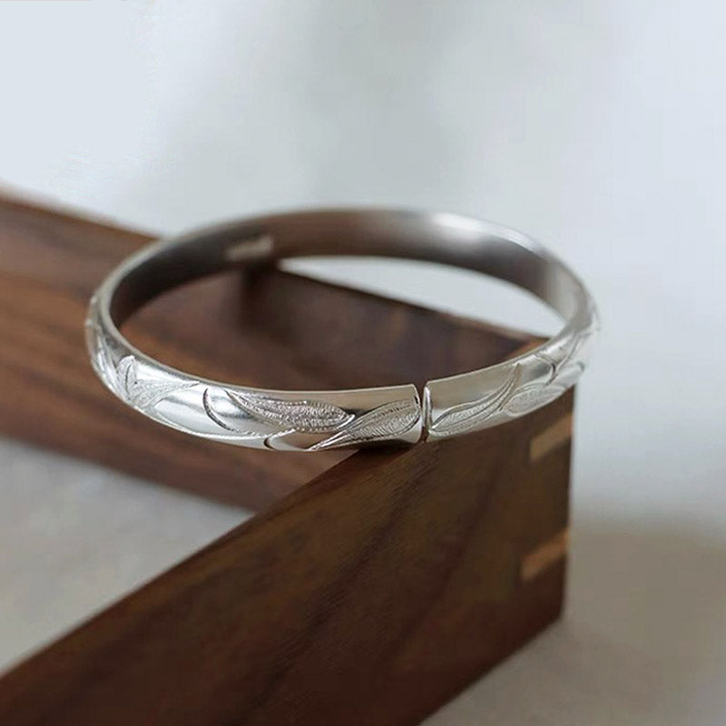 Hand Carved Vintage Chinese Bamboo Leaf Pattern Pure Solid Silver Bangle Bracelet Jewelry Gift-05