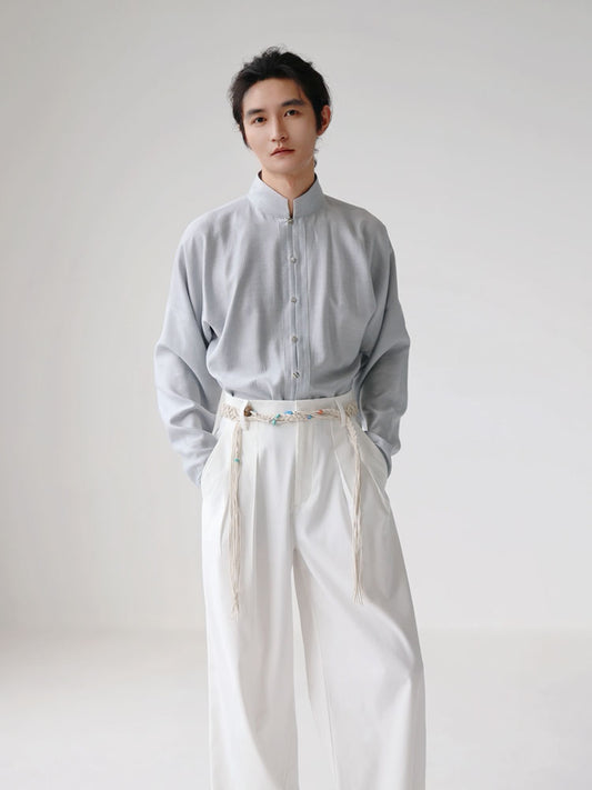 Men’s Light Blue Chinese-Inspired Mandarin Collar Long Sleeve Shirt-02