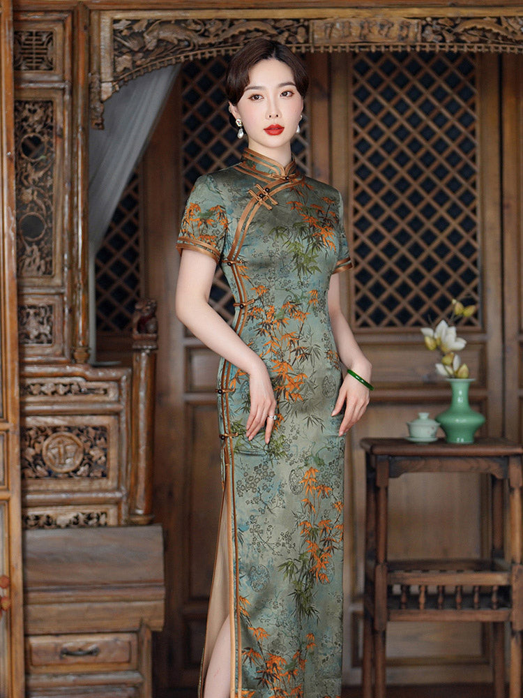 chinese cheongsam dress Chinese Style Vintage Bamboo Leaf and Flower Printed Cheongsam Dress for Women in Light Aqua Green Traditional Color Light Aqua Green / 4XL
