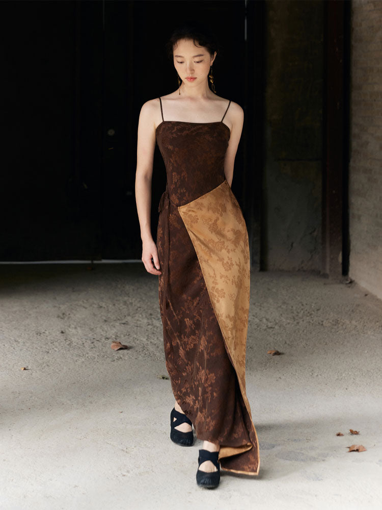 Chinese Vintage Floral Slim Fit Mulberry Silk Xiangyunsha Camisole Dress Brown / Silk Blend / XS Chinese Vintage Floral Slim Fit Mulberry Silk Xiangyunsha Camisole Dress Brown / Silk Blend / XS