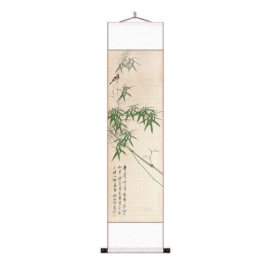 Modern Minimalist Chinese-Inspired Bamboo and Bird Scroll Hanging Art for Space Decoration - Art Decor Painting-02