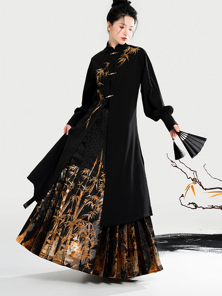 Golden Bamboo Ink Wash - Woven Gold Ma Mian Qun Hanfu Skirt-05