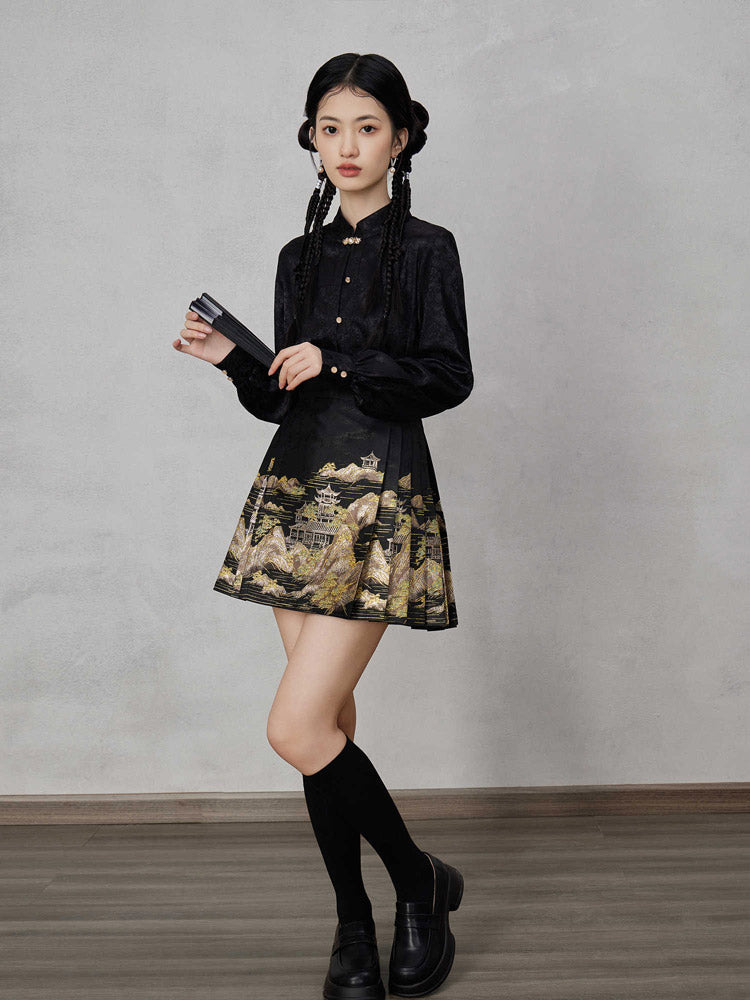 Mountains, Waters, and Pavilions – Woven Gold Short Mamianqun Skirt Neo-Hanfu Mini Skirt-04
