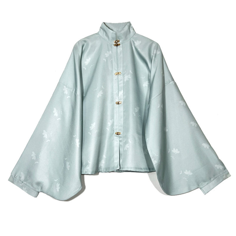 Ming Dynasty Stand-up Collar Han Element Solid Color Front Placket Daily Shirt Top-05