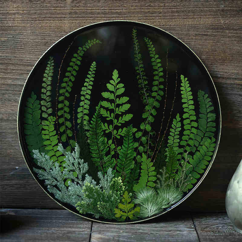 Handcrafted Natural Fern Round Lacquer Tray - Traditional Chinese Non-Heritage Lacquerware Tray-02