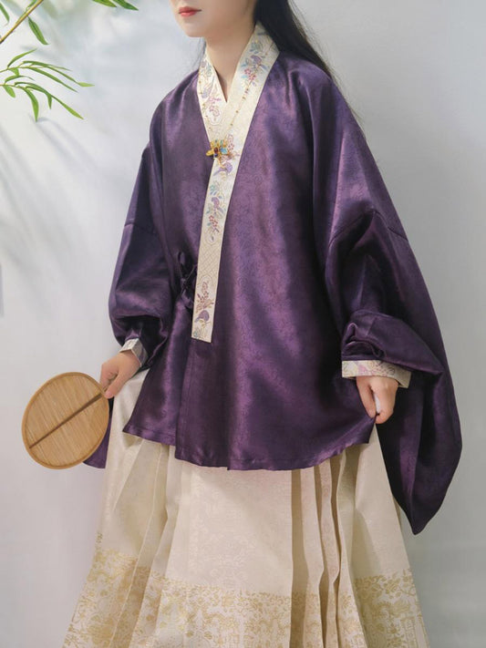 Chinese Style Purple Pipa Sleeve Jacquard Dark Embroidery Ming Dynasty Cross-collar Top Blouse-01
