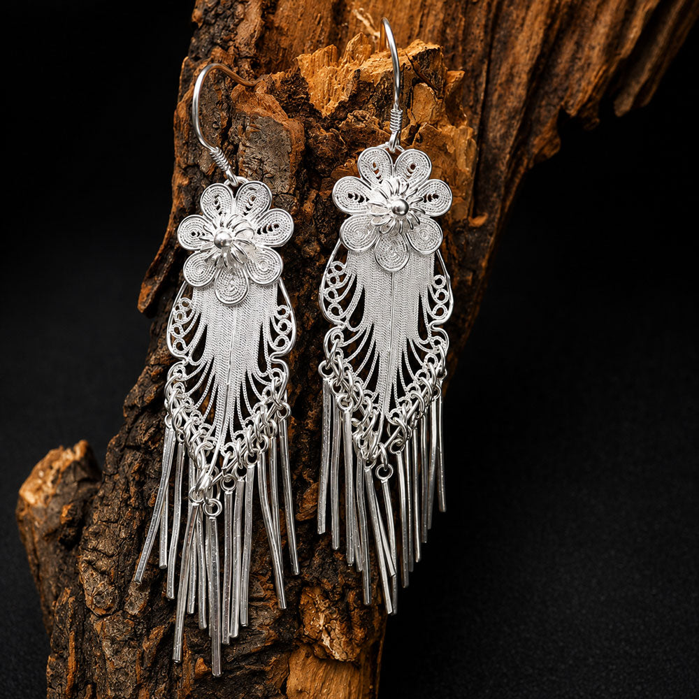 Plum Blossom Filigree Tassel Earrings in 999 Fine Silver-01