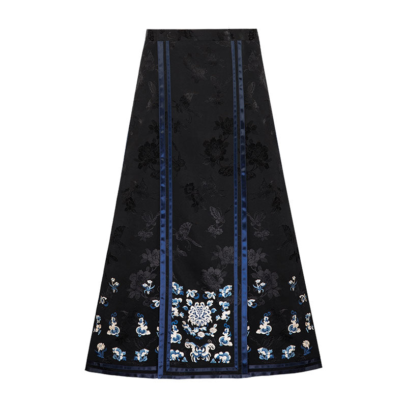 Blue & White Embroidered Ma Mian Qun – Qing Inspired Neo-Hanfu Brocade Skirt-01