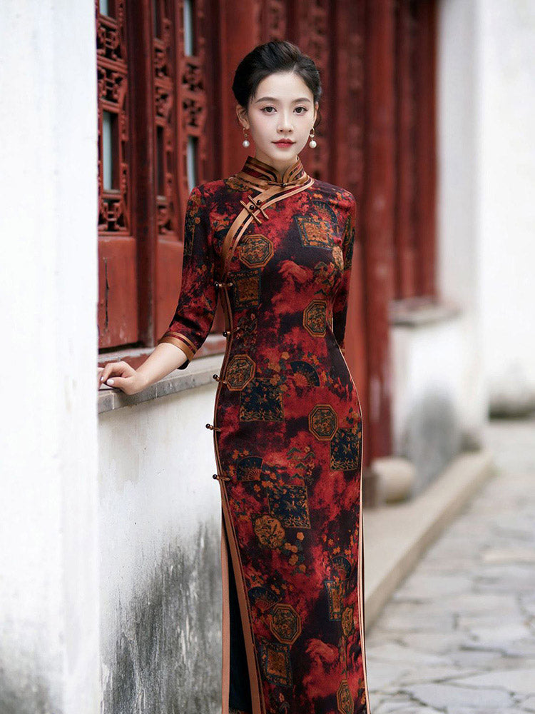 Chinese Style Classic Festive Vintage Red Cheongsam Dress with Floral Print for Women Red / Medium Length Sleeve / 4XL Chinese Style Classic Festive Vintage Red Cheongsam Dress with Floral Print for Women Red / Medium Length Sleeve / 4XL