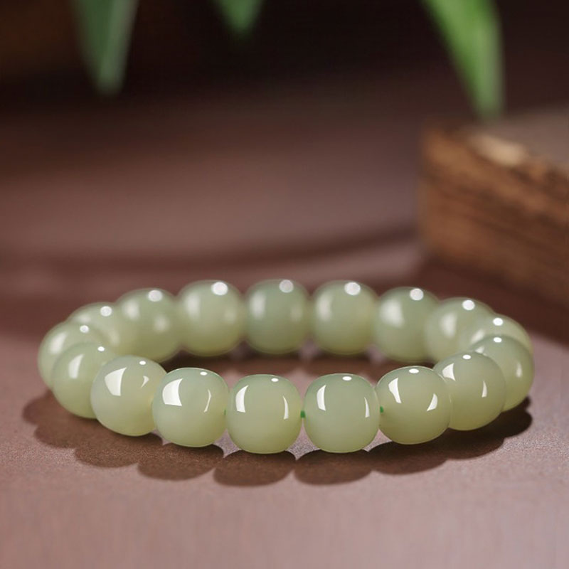 Natural Hetian Jade Beaded Bracelet - Qingshui Tone-08