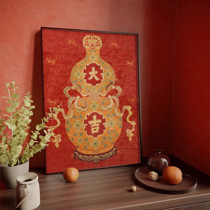 Chinese Auspicious Red Fortune, Prosperity, and Longevity Gourd Decorative Painting-02