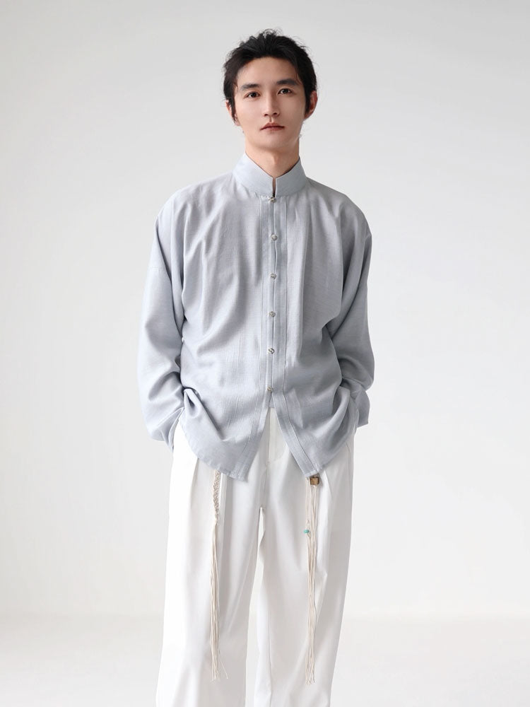 Men’s Light Blue Chinese-Inspired Mandarin Collar Long Sleeve Shirt-03
