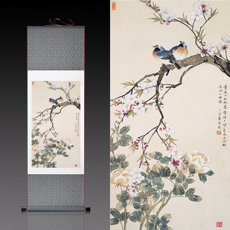 Traditional Chinese Paiting Reproduction Flower and Bird「Peace and Prosperity」Silk Scroll Hanging Painting Wall Decoration Art-03