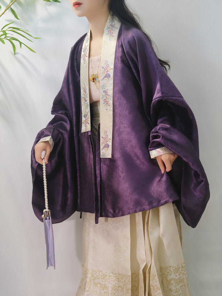 Chinese Style Purple Pipa Sleeve Jacquard Dark Embroidery Ming Dynasty Cross-collar Top Blouse-03