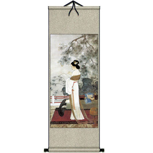 Traditional Chinese Painting Reading Lady Silk Scroll Hanging Painting Wall Decoration Art