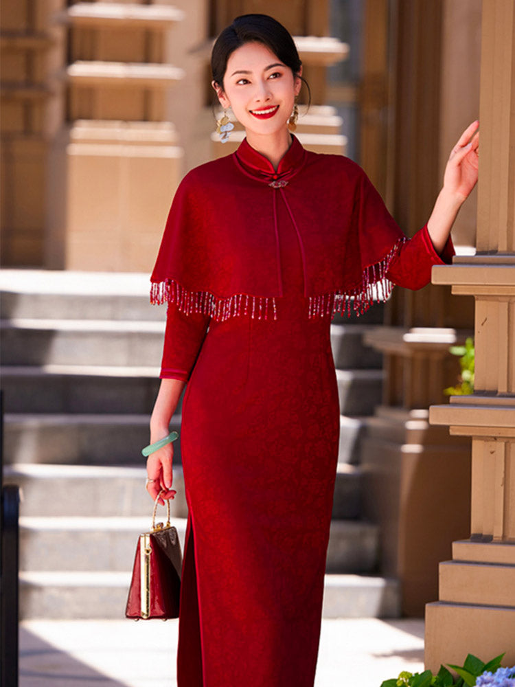 Burgundy Dark Pattern Embroidery Jacquard Cheongsam Dress with Tassel Shawl Two-Piece Set Wedding Celebration Attire for Women-02