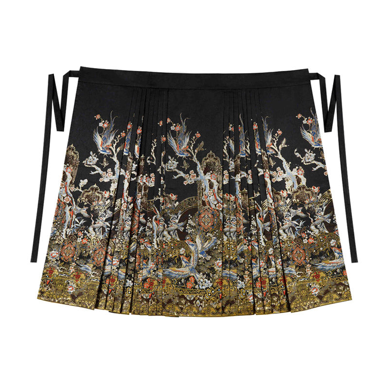 Magpie Herald of Joy – Chinese Magpie and Plum Blossom Brocade Woven Gold Mini Mamianqun Hanfu Skirt-09