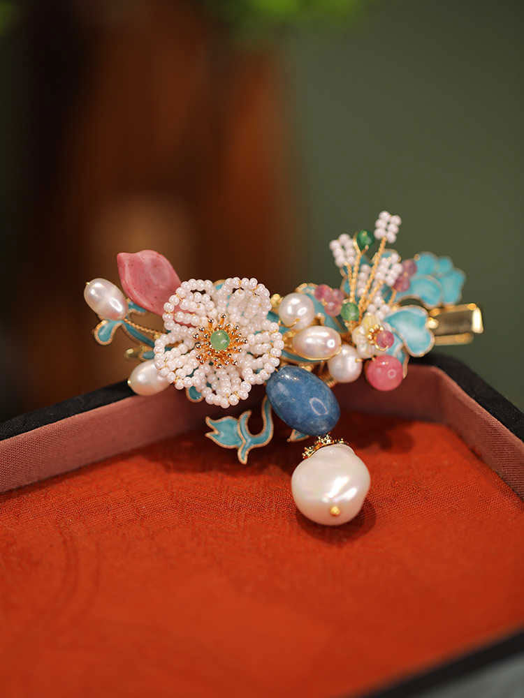 Chinese Blue Enamel Floral Hair Clip with Pearl Accents-03