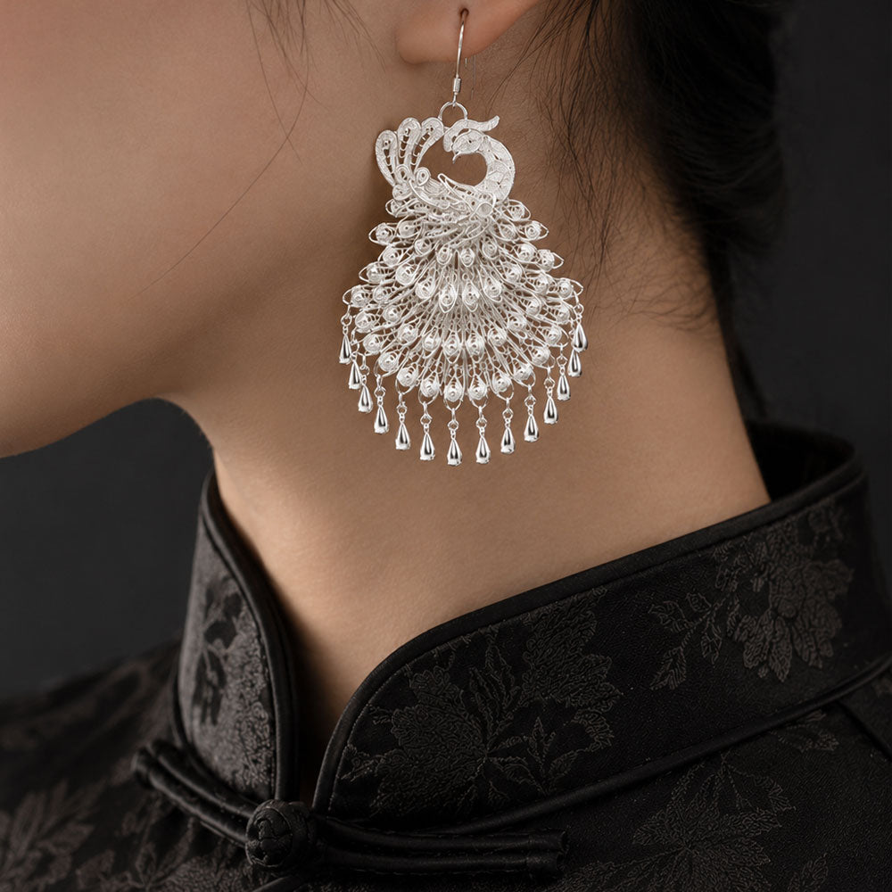 Classic Chinese Phoenix Filigree Statement Earrings in 999 Fine Silver