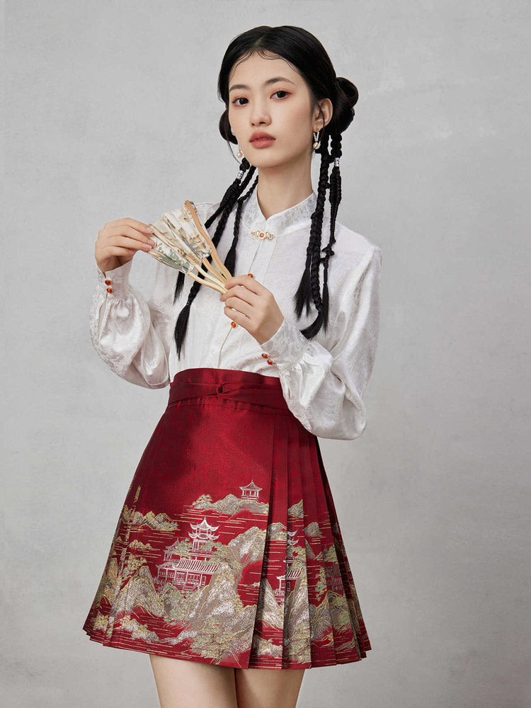 Mountains, Waters, and Pavilions – Woven Gold Short Mamianqun Skirt Neo-Hanfu Mini Skirt-05