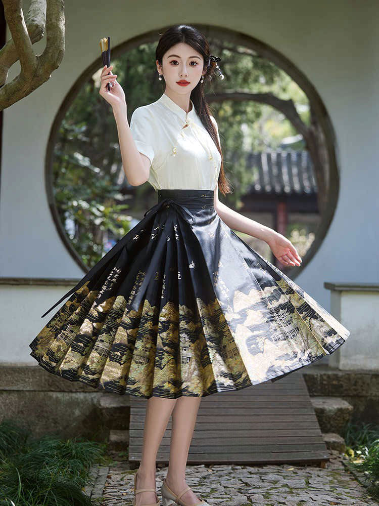 Mountains, Waters, and Pavilions – Woven Gold Short Black Knee-Length Mamianqun Skirt-02
