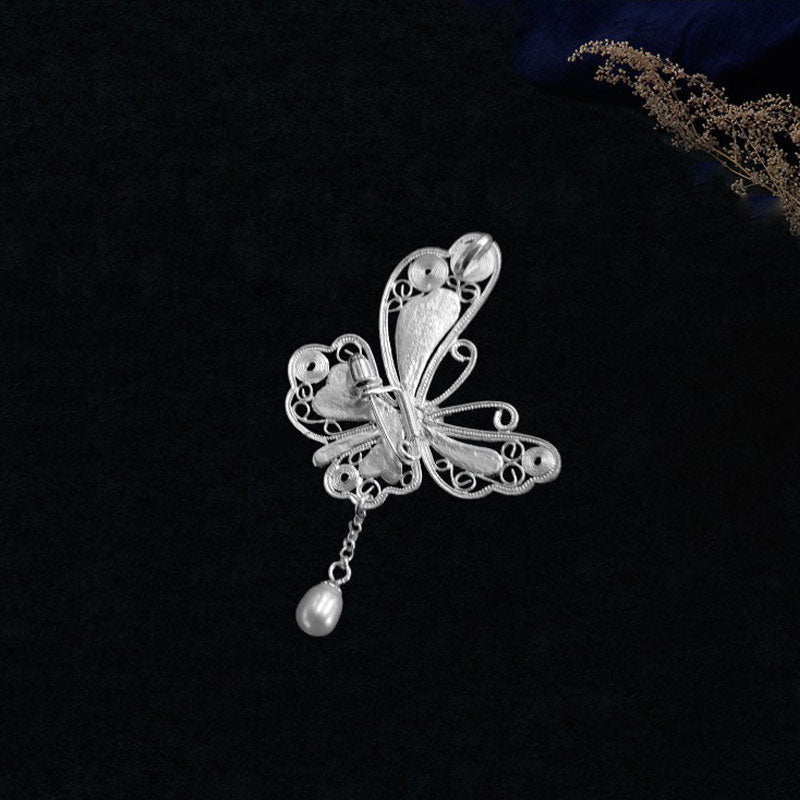 Vintage Cloisonné Silver Filigree Butterfly Inlaid Natural Freshwater Pearl Pendant / Brooch Jewelry Gift-02