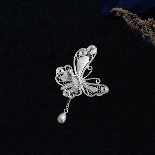 Vintage Cloisonné Silver Filigree Butterfly Inlaid Natural Freshwater Pearl Pendant / Brooch Jewelry Gift-02