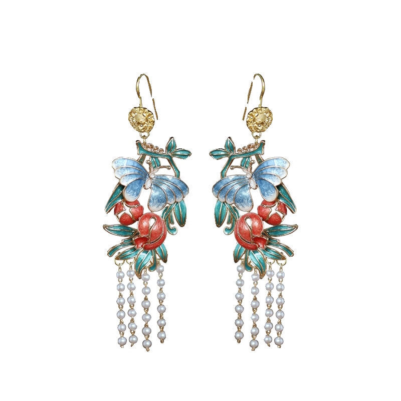 Ancient Chinese Style Butterfly and Flower Artificial Pearl Tassel Earrings-01