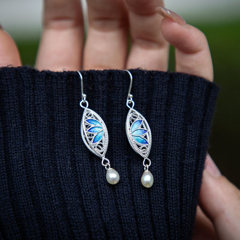 Vintage Cloisonné Silver Filigree Lotus Drop Earrings with Pearl-02