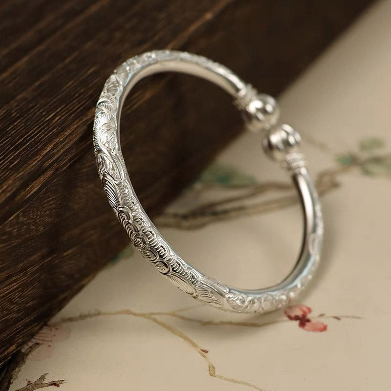 Vintage Chinese StylHand-Carved Peony Flower Pure Silver Bangle Bracelet with Pumpkin Shaped Opening Cuff-05