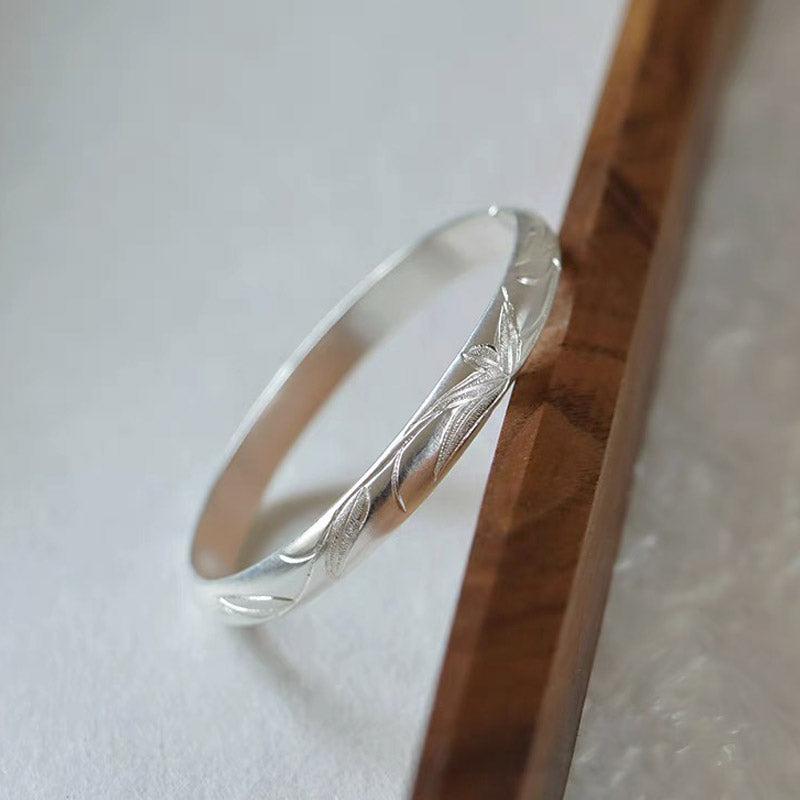 Hand Carved Vintage Chinese Bamboo Leaf Pattern Pure Solid Silver Bangle Bracelet Jewelry Gift-04