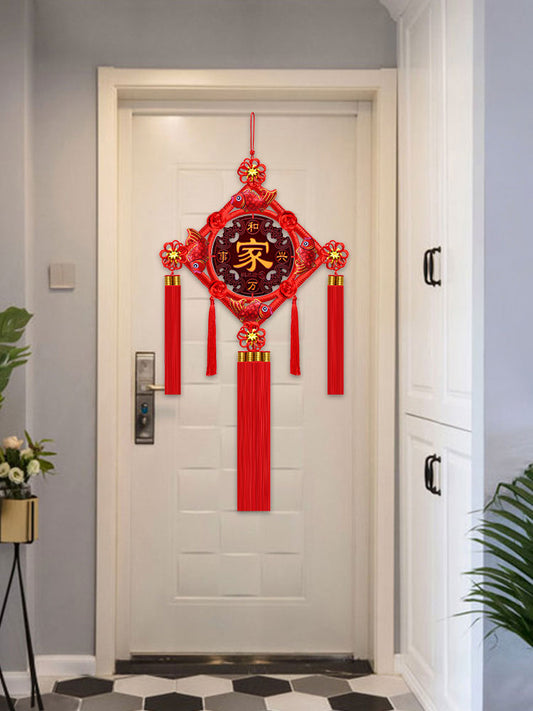 Auspicious Peach Wood Lucky Fish Chinese Knot Wall Hanging Decoration for Living Room, Housewarming Gift-02
