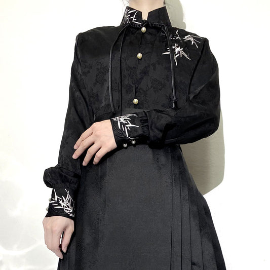 Morden Chinese Embroidered Bamboo Leaf Jacquard Satin Fabric Hanfu Shirt Blouse-02