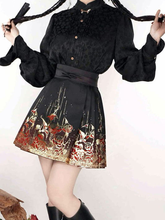Gilded Roses – Mini Brocade Neo-Chinese Short Mamianqun Skirt-01