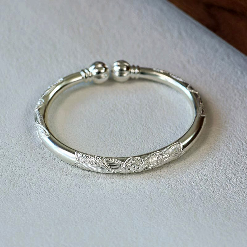 Hand Carved Retro Chinese Lotus Pattern Pure Solid Silver Bangle Bracelet with Pumpkin Shaped Opening-02